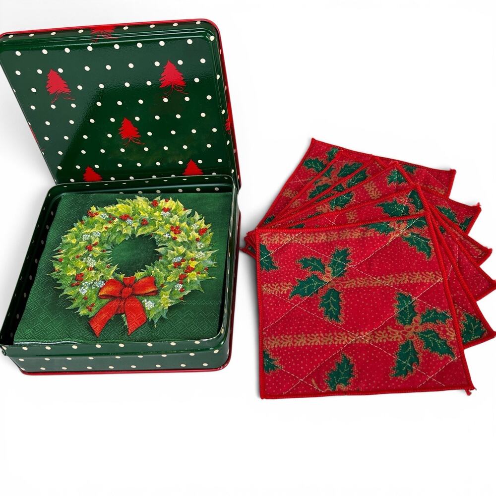 Potpourri Press Christmas Tin Set 20 Paper Napkins 6 Handmade Quilted Coasters